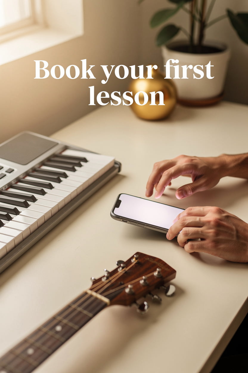 Saguaro Keys Music Studio warm home studio with piano keys and guitar ready for private piano and guitar lessons in Tucson