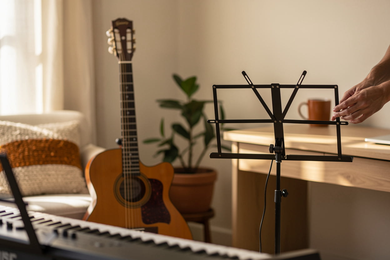 Saguaro Keys Music Studio warm home studio with a music stand and guitar, ready for private piano and guitar lessons for kids and adults in Tucson