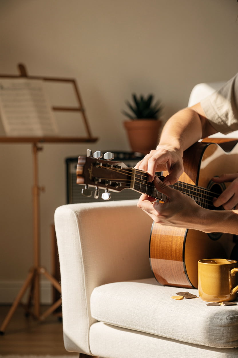 Saguaro Keys Music Studio acoustic guitar lesson setting in a warm Tucson home studio for kids and beginner adults
