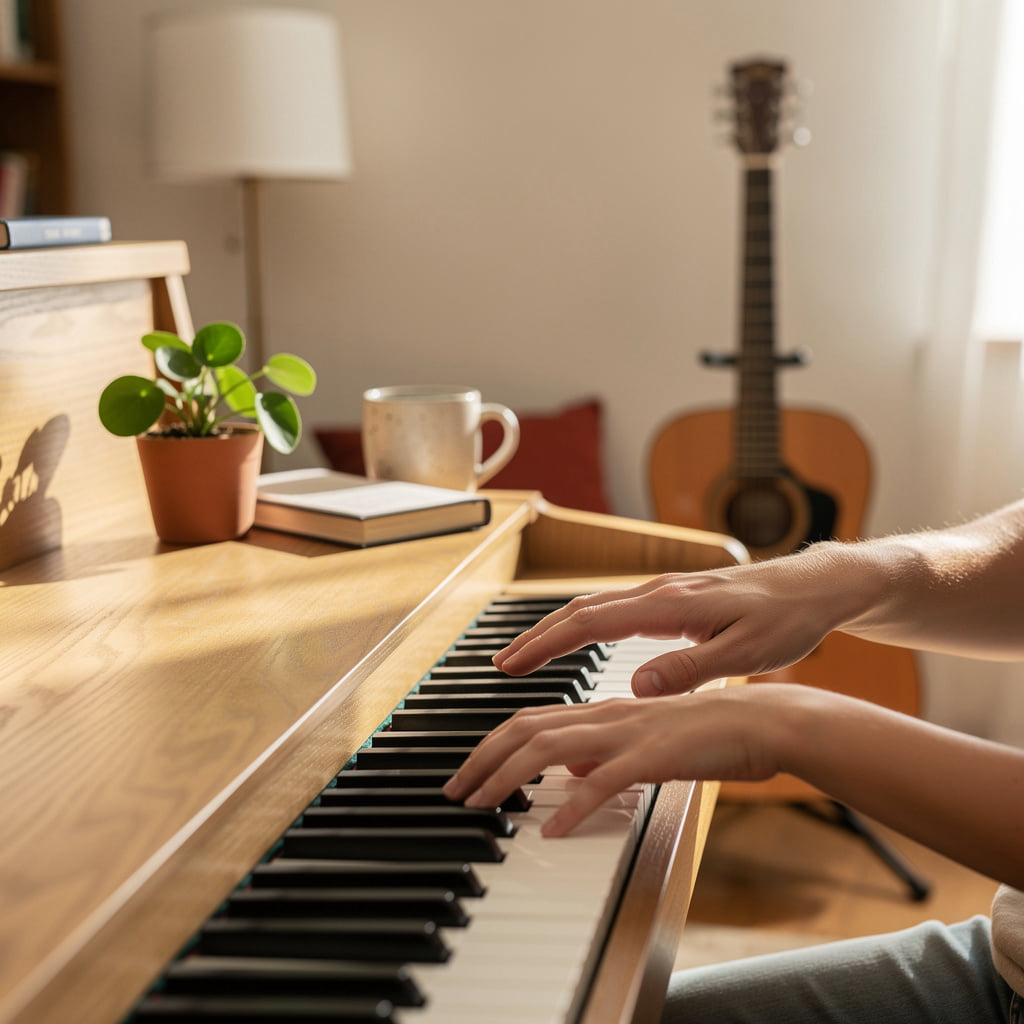 Saguaro Keys Music Studio home studio in Tucson, a warm private space for piano and guitar lessons for kids and adults