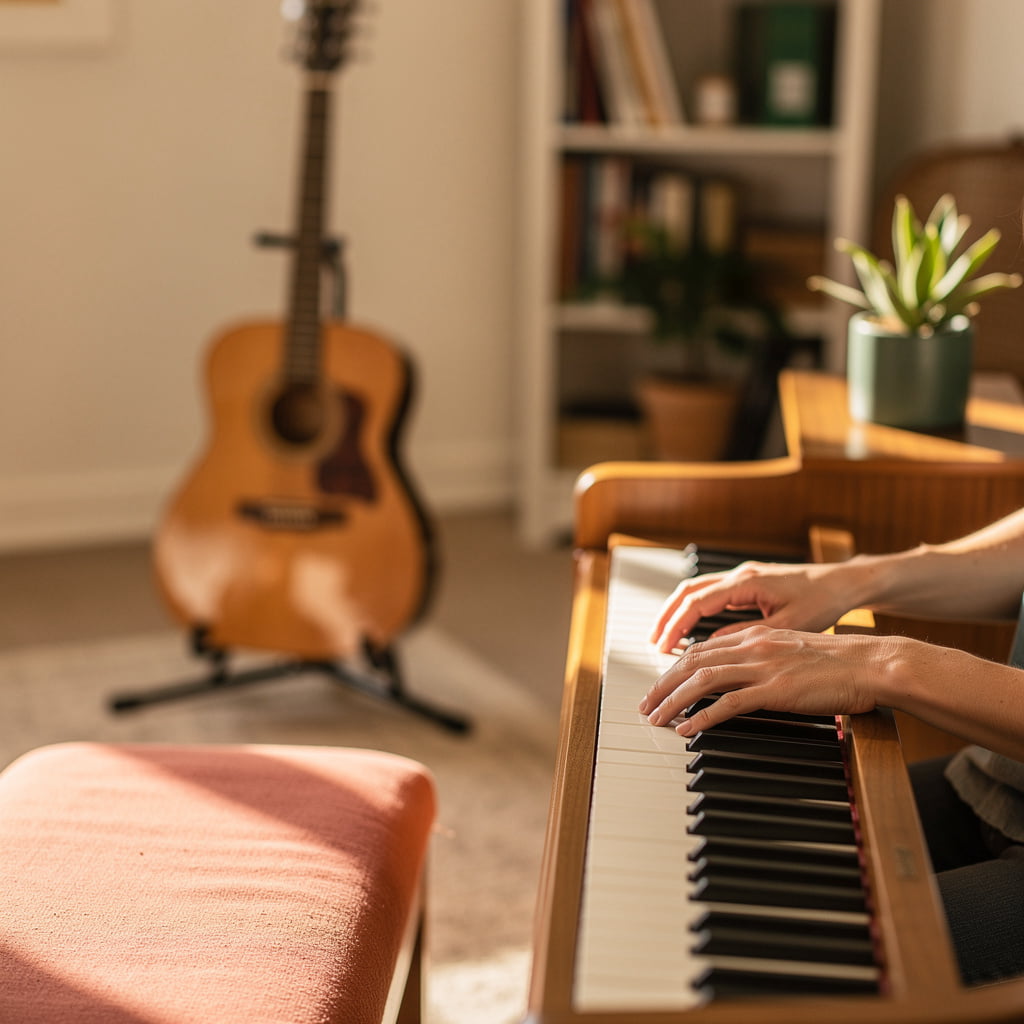 Dana, teacher at Saguaro Keys Music Studio, welcoming students to private piano and guitar lessons for kids and adults in her Tucson home studio