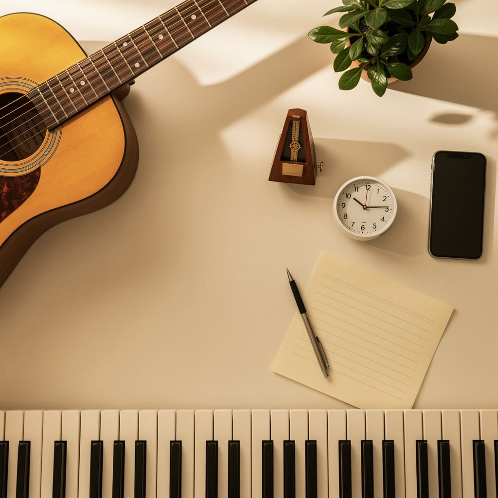 Saguaro Keys Music Studio piano and guitar lesson setting in a warm Tucson home studio, ready for kids and adult beginners