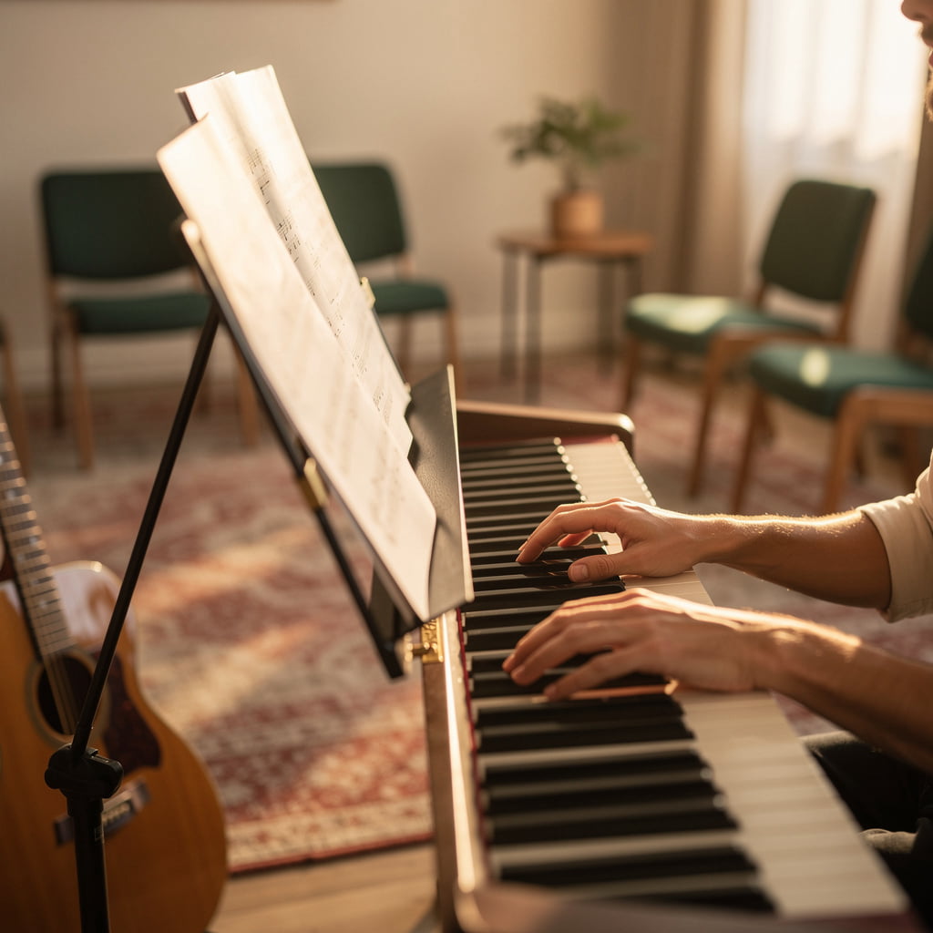 Saguaro Keys Music Studio warm, music-filled room set up for a student recital with piano and guitar in Tucson